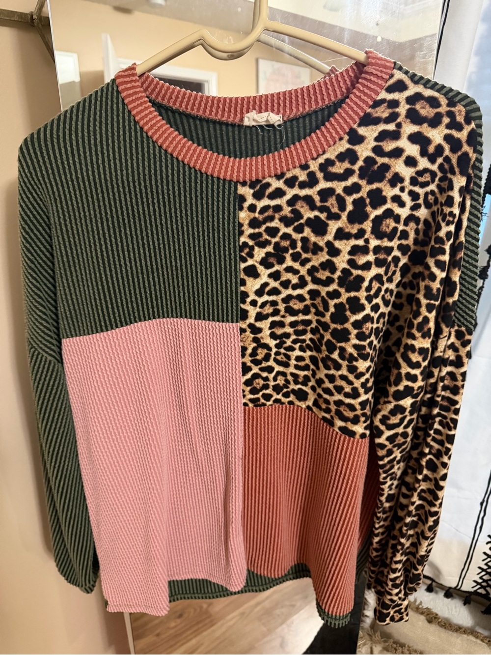 Lovely Melody Coral, Pink and Olive Green Leopard Patch Top